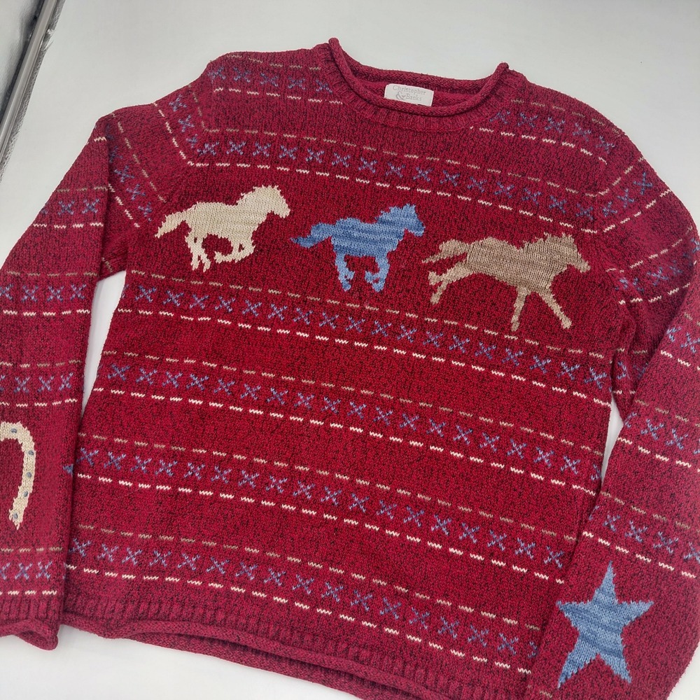 Vtg Christopher & Banks Horse Motif Sweater Red Womens M Western Y2K Equestrian